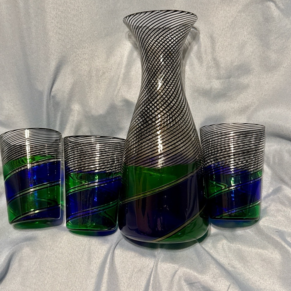 Vintage Art Glass Decanter Set Blue Green Black Spiral Hand Blown MCM Barware